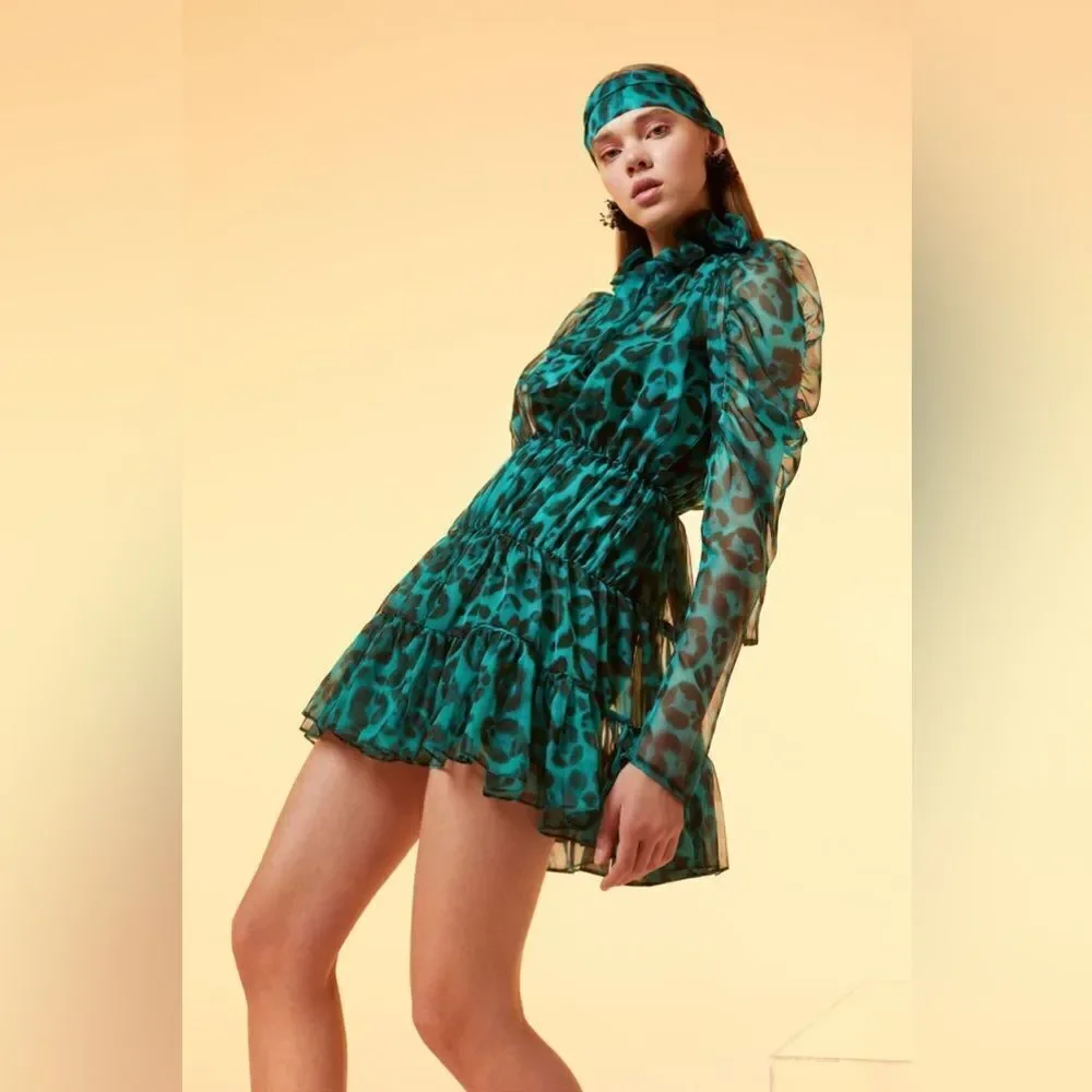 Gigii's MOLLY Draped mini chiffon Mini dress size S Green & Black tiger Print - Picture 2 of 7